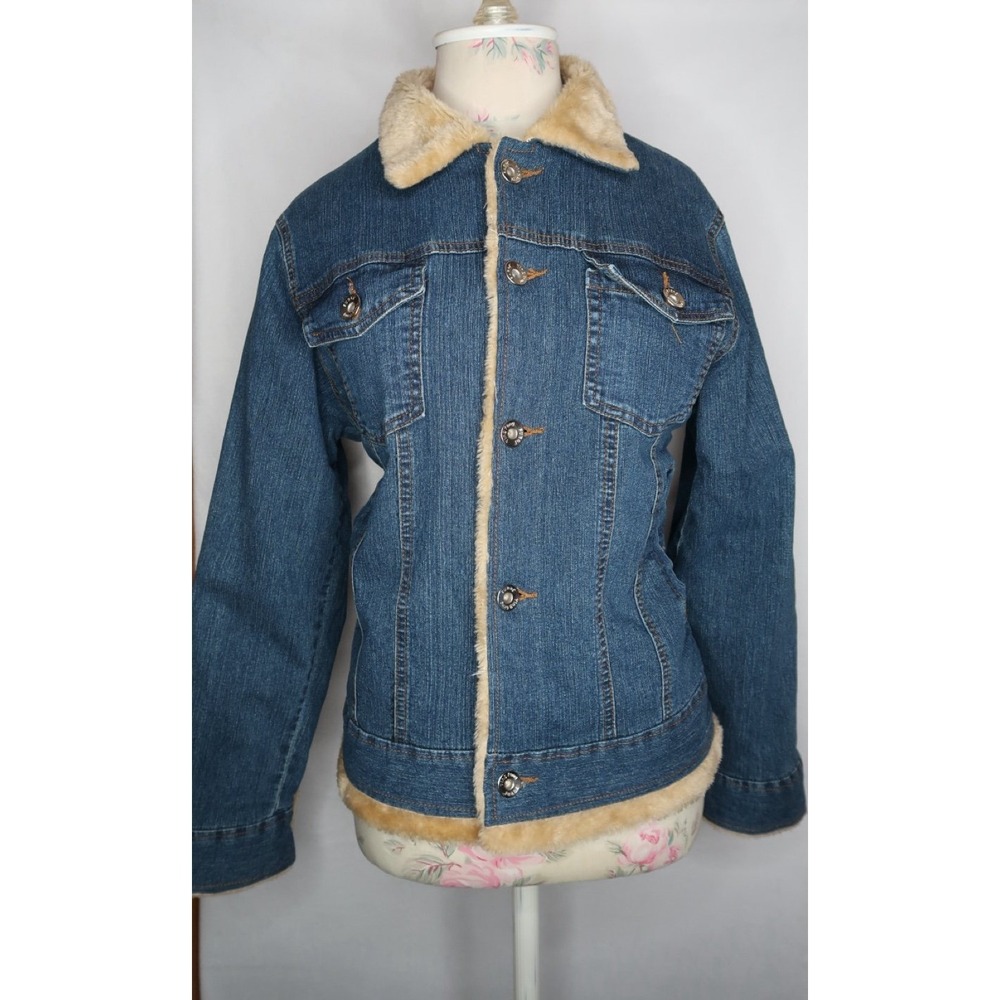 Y2K Denim Trucker Jacket Faux Fur Indie Grunge Western Women's M Vintage EUC‎